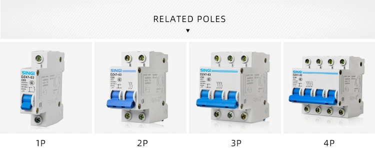 Singi Dz47-63 6ka 1 Pole 63A Electrical Low Voltage MCB Miniature Circuit Breaker