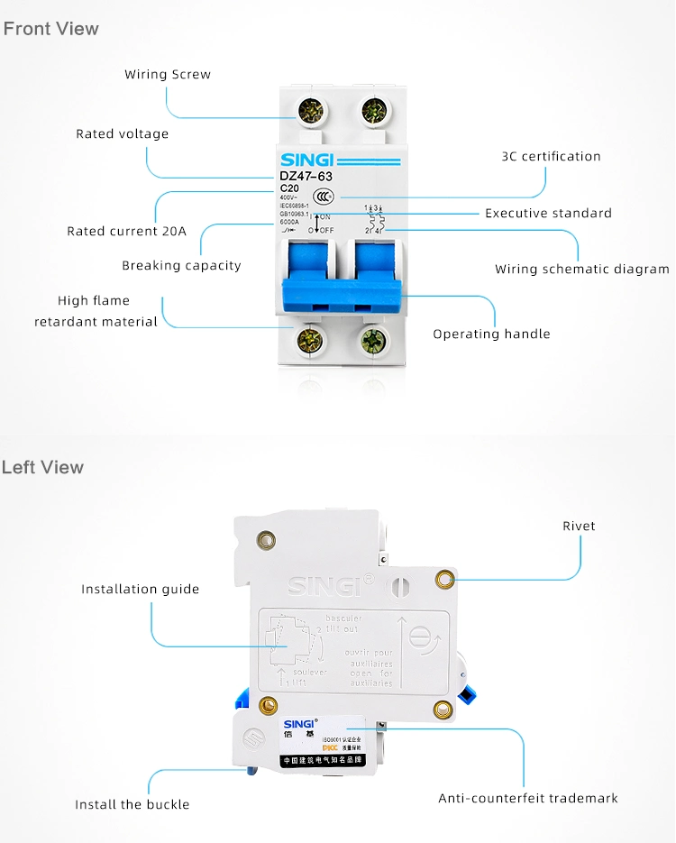 Manufacture Low Voltage Circuit Breakers Air Singi Breaker Electronic 1p DC Dz47-63